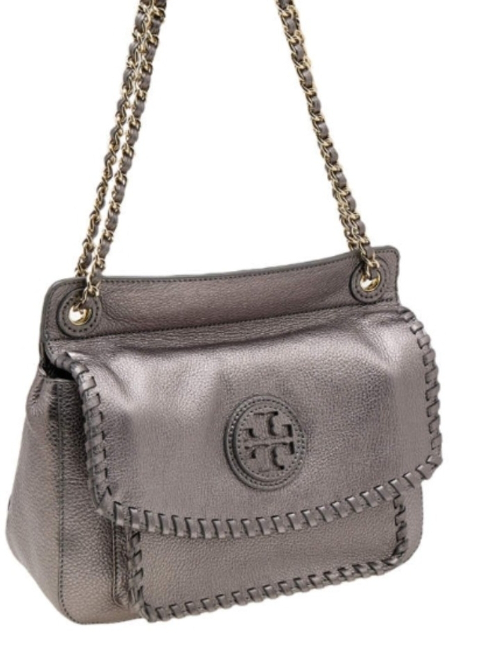Tory Burch Pewter Leather Whipstitch Shoulder Bag
